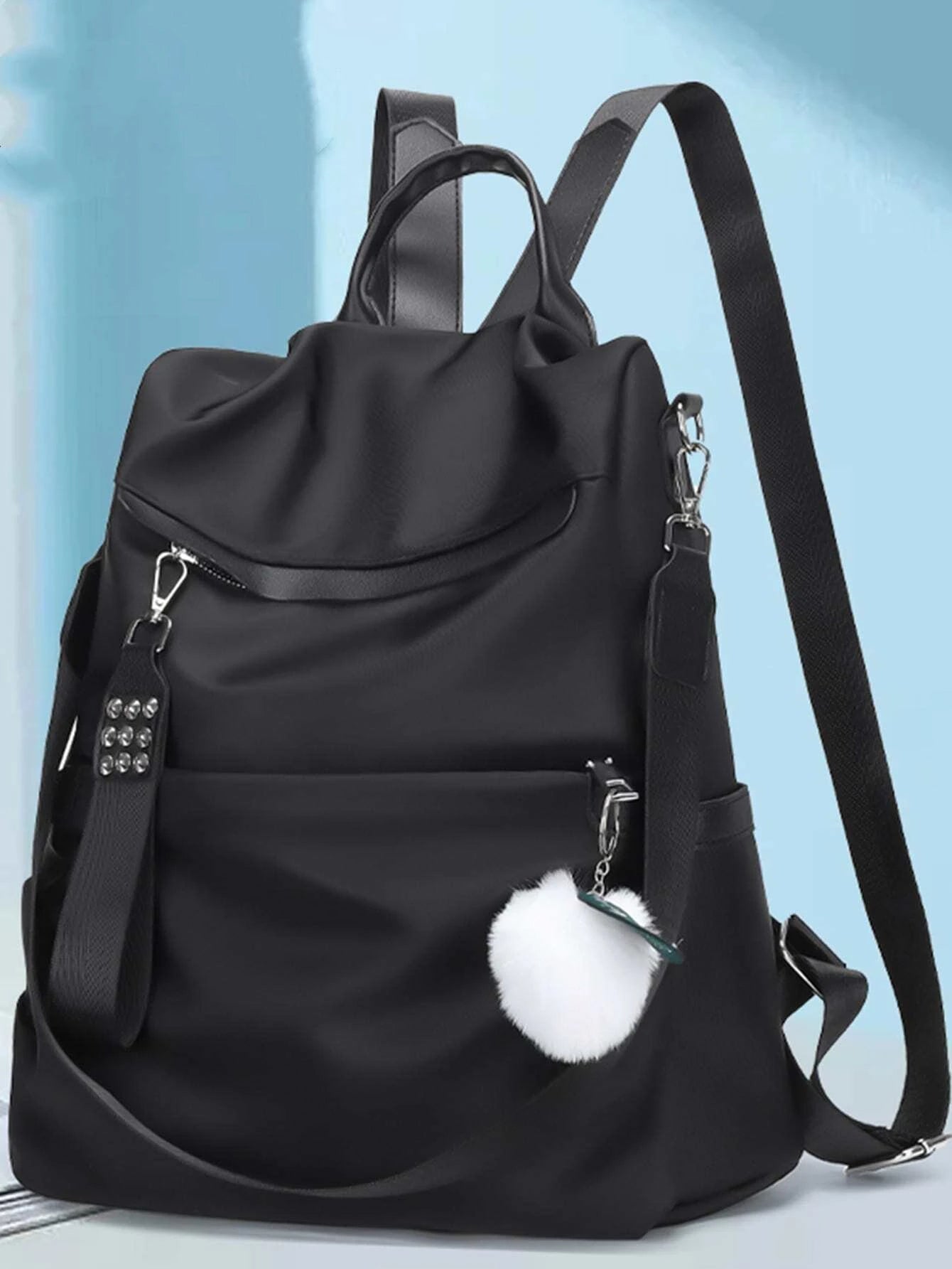 Willow Studs Leisure Shopping Bag, Women'S Shoulder Coin Purse Nylon Bag, Can Be Carried on Board, Mom'S Waterproof Bag, Bar Lady Cute Anti-Theft Backpack, Ladies' New Year Gift, Large-Capacity Double-Shoulder Bag with a Fluffy Ball Pendant, Suitable for Girls, Primary and Secondary School Students, College Freshmen and Sophomores, Graduates, Back-To-School Essential, School Supplies,School Backpack,Back to School,Backpack for School,