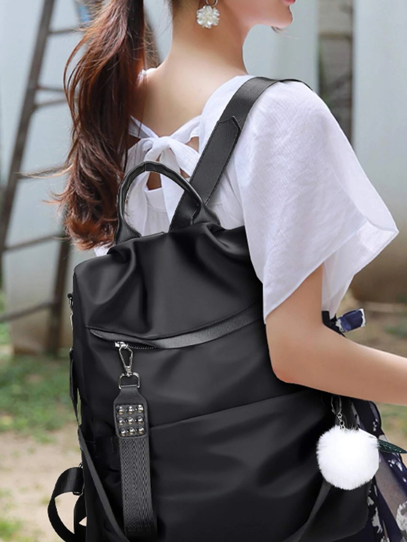 Willow Studs Leisure Shopping Bag, Women'S Shoulder Coin Purse Nylon Bag, Can Be Carried on Board, Mom'S Waterproof Bag, Bar Lady Cute Anti-Theft Backpack, Ladies' New Year Gift, Large-Capacity Double-Shoulder Bag with a Fluffy Ball Pendant, Suitable for Girls, Primary and Secondary School Students, College Freshmen and Sophomores, Graduates, Back-To-School Essential, School Supplies,School Backpack,Back to School,Backpack for School,